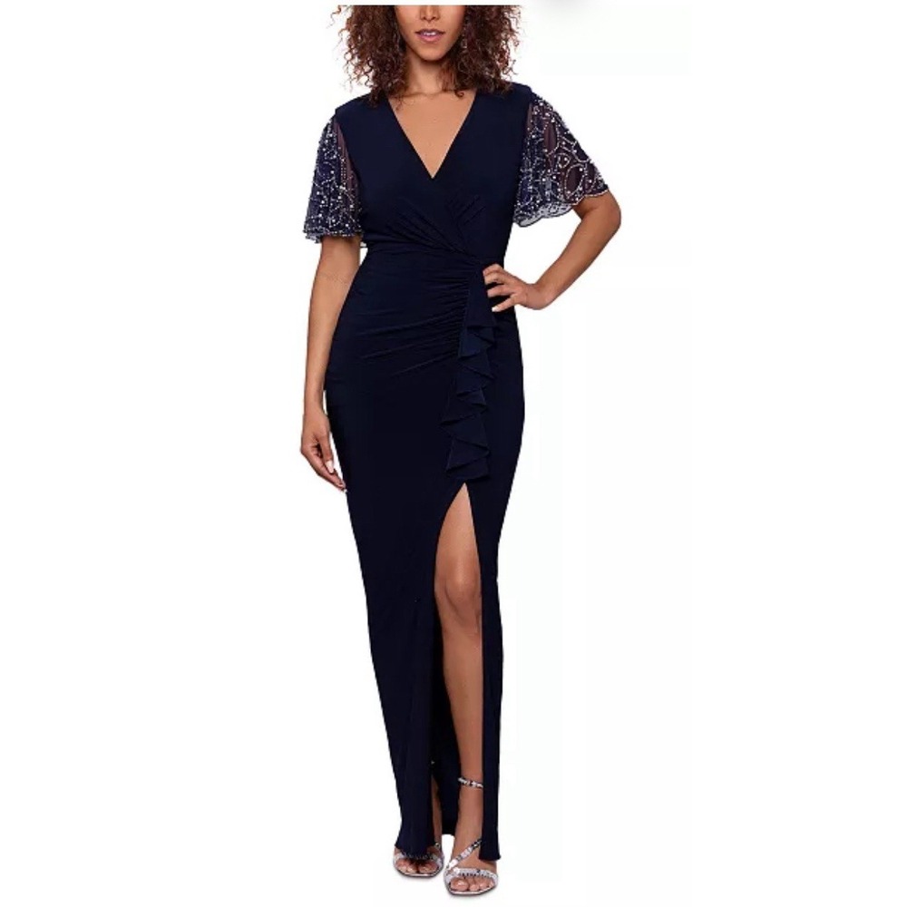 Betsy & Adam‎ Embellished-Sleeve Front-Slit Gown Size 4 Petite Navy Blue